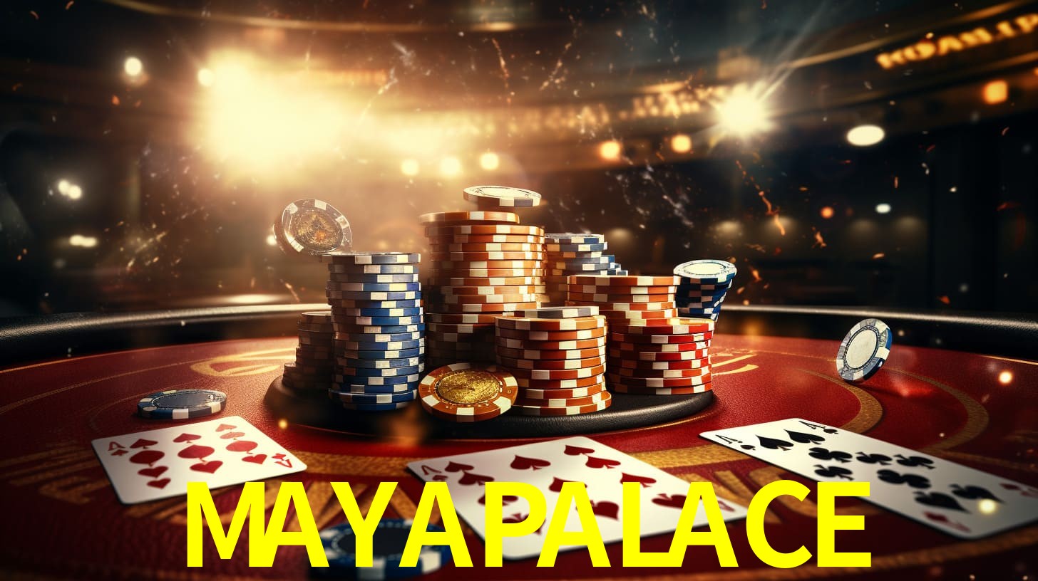 Una escena digital vívida inspirada en casino con MAYAPALACE mostrado prominentemente, luces brillantes, fichas, cartas y acentos dorados.